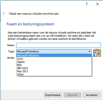 Virtualbox ondersteunt standaard instellingen voor een groot aantal besturingssystemen.