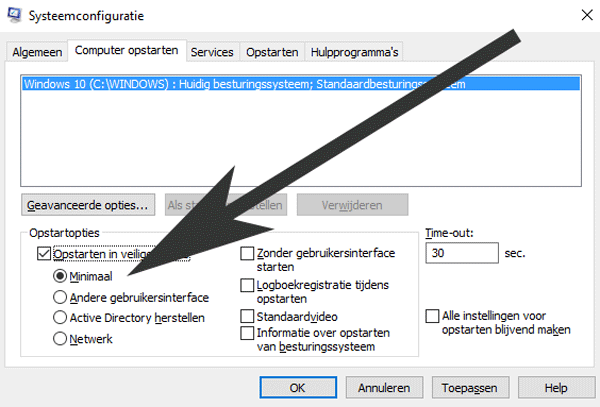 Kies in MSconfig voor de optie 'Minimaal' onder het tabblad 'Computer opstarten'.