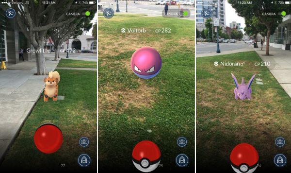 Drie soorten Pokémon die je in de game kunt vangen.