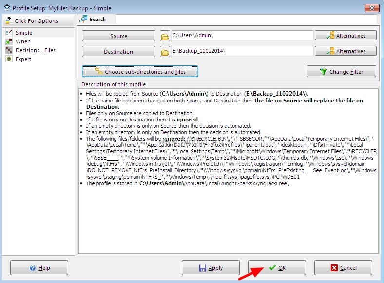 SyncBackFree kent een aantal opties voor het opslaan en uitvoeren van een backup.