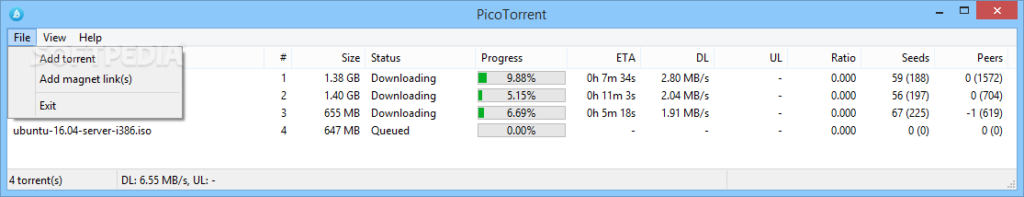 De interface van Picotorrent