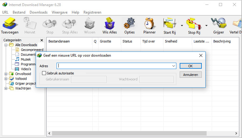 Start het programma op en voeg de URL toe van het bestand dat je wil downloaden.