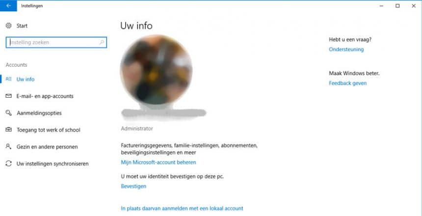 #1 - open het 'accounts' scherm via Windows 10 instellingen.