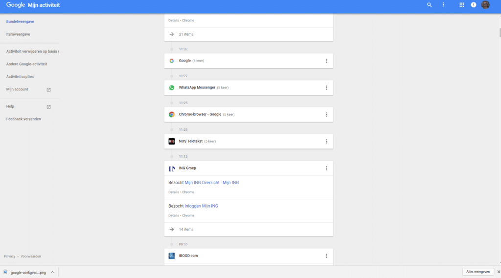 Op de 'Mijn activiteit' pagina kun je je Google zoekgeschiedenis wissen.