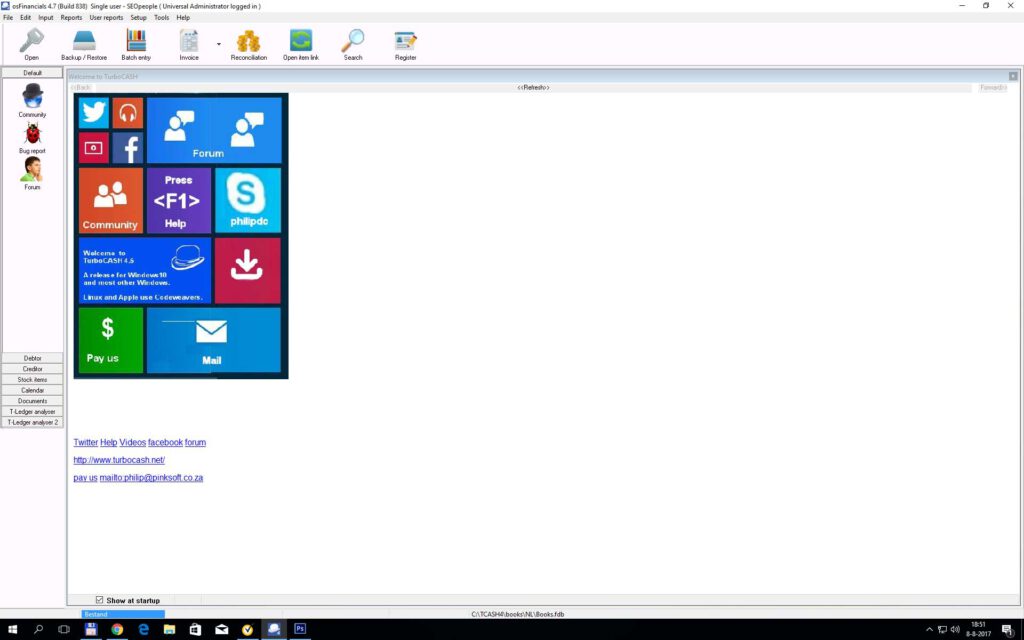 De interface van TurboCash.