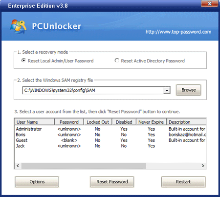 De interface van PcUnlocker.