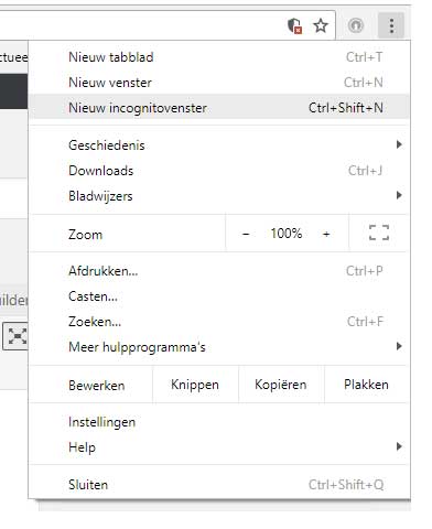 Via instellingen in Chrome open je een nieuw incognito-venster.