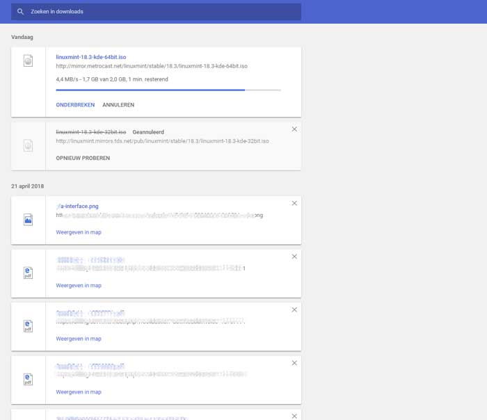 Het downloads venster binnen Chrome.