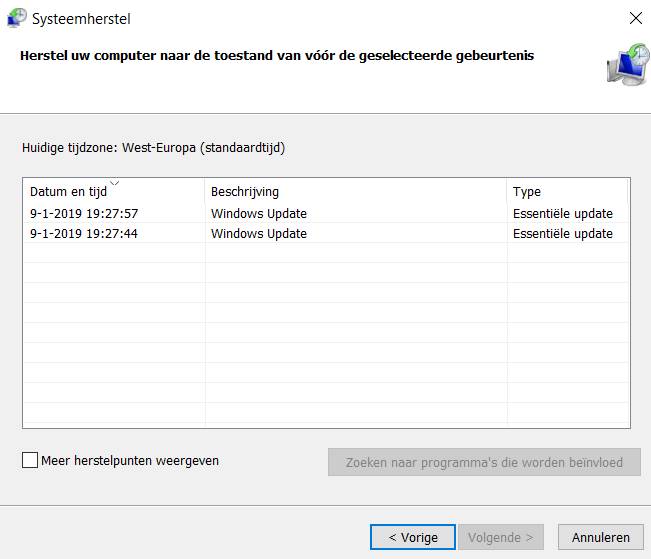 Systeemherstel: gebeurtenis kiezen.
